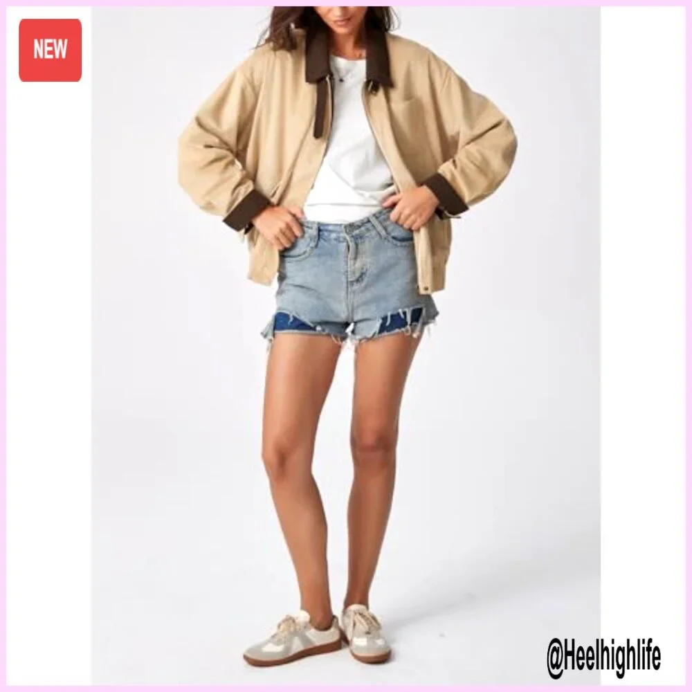 Oversized Faux Suede Bomber Jacket with Corduroy Collar, Utility Pockets - Picture 3 of 7